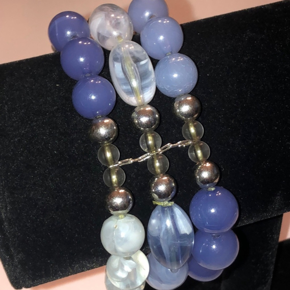 Blue White Swirl Lucite Stretchy Boho Retro Bracelet
